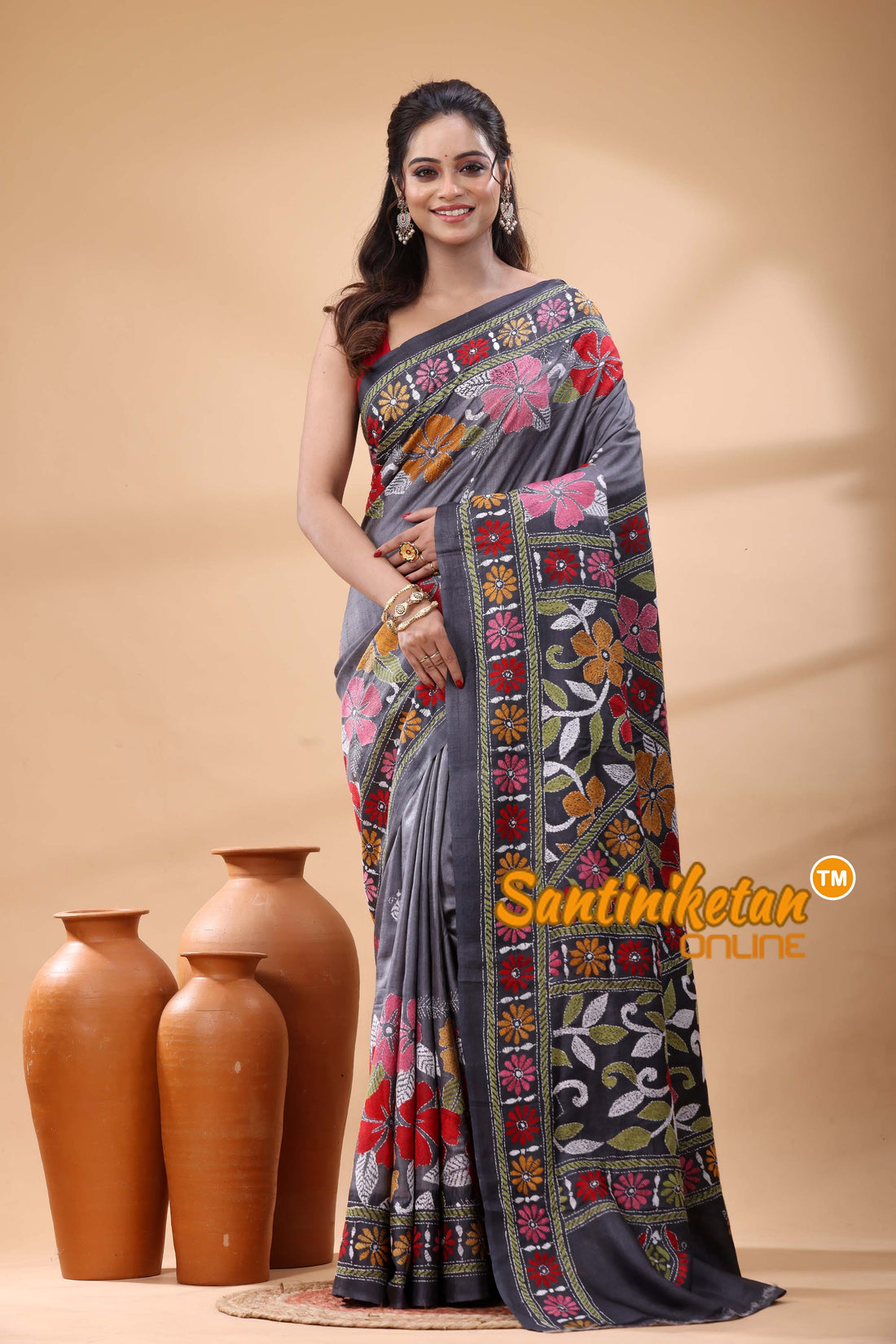 Pure Gachi Dye Tussar Silk Kantha Stitch Saree