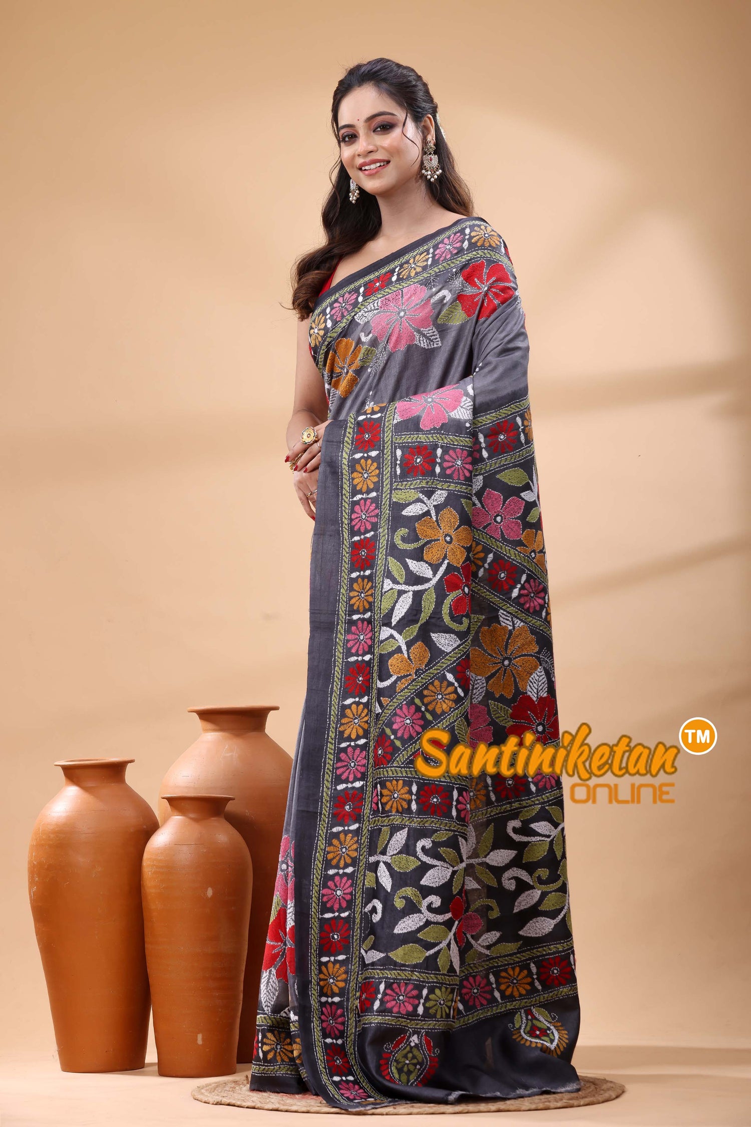 Pure Gachi Dye Tussar Silk Kantha Stitch Saree