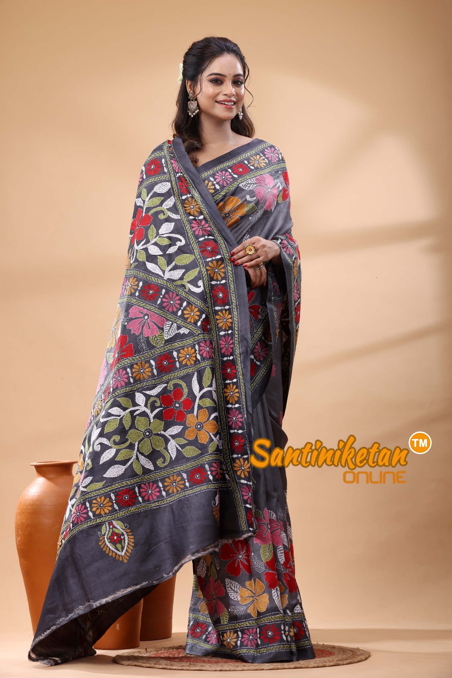 Pure Gachi Dye Tussar Silk Kantha Stitch Saree