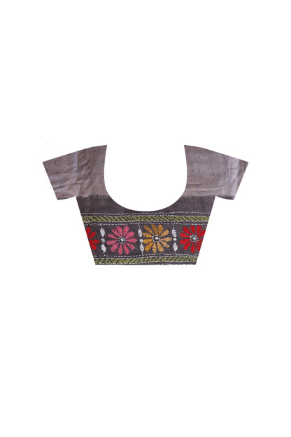 Pure Gachi Dye Tussar Silk Kantha Stitch Saree
