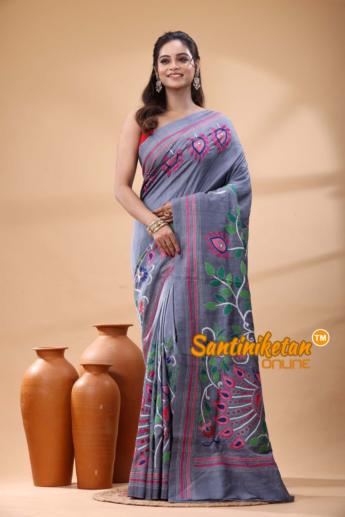 Pure Murshidabad Silk Kantha Stitch Saree