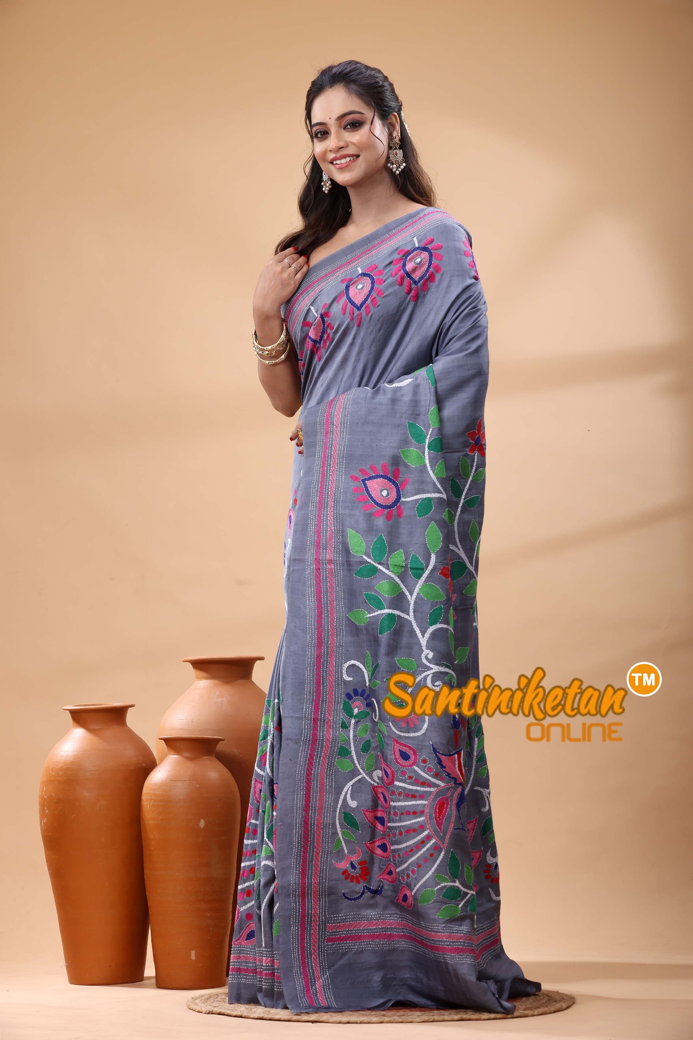 Pure Murshidabad Silk Kantha Stitch Saree