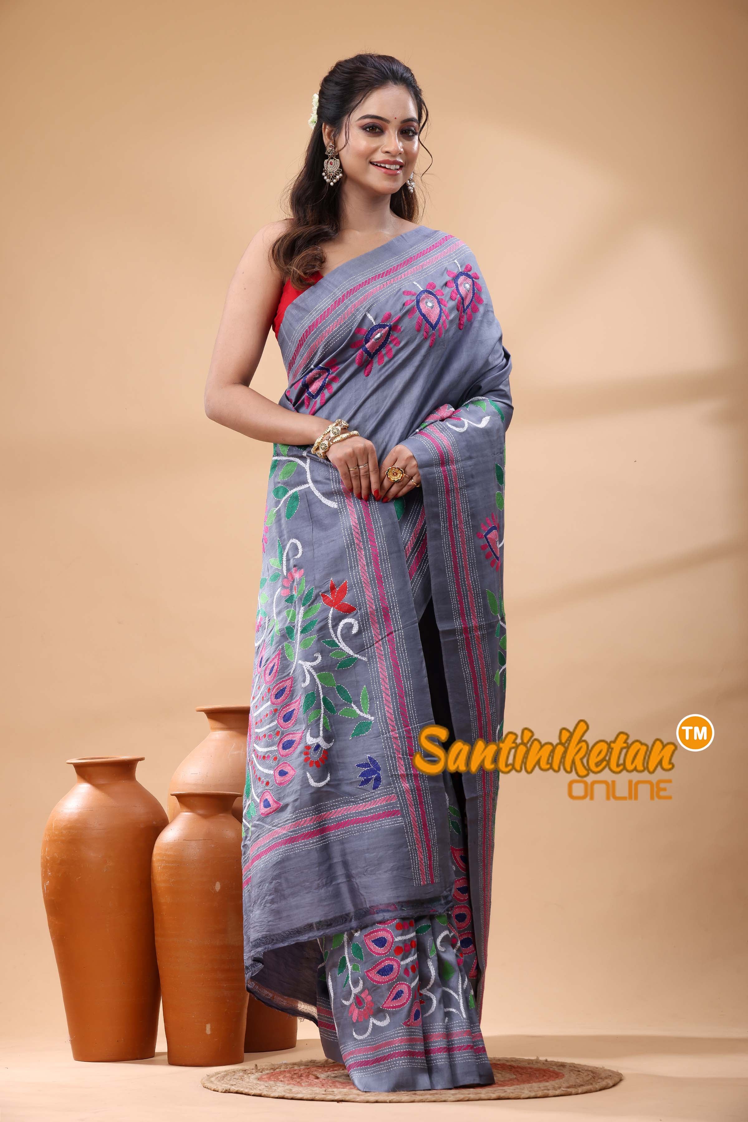 Pure Murshidabad Silk Kantha Stitch Saree
