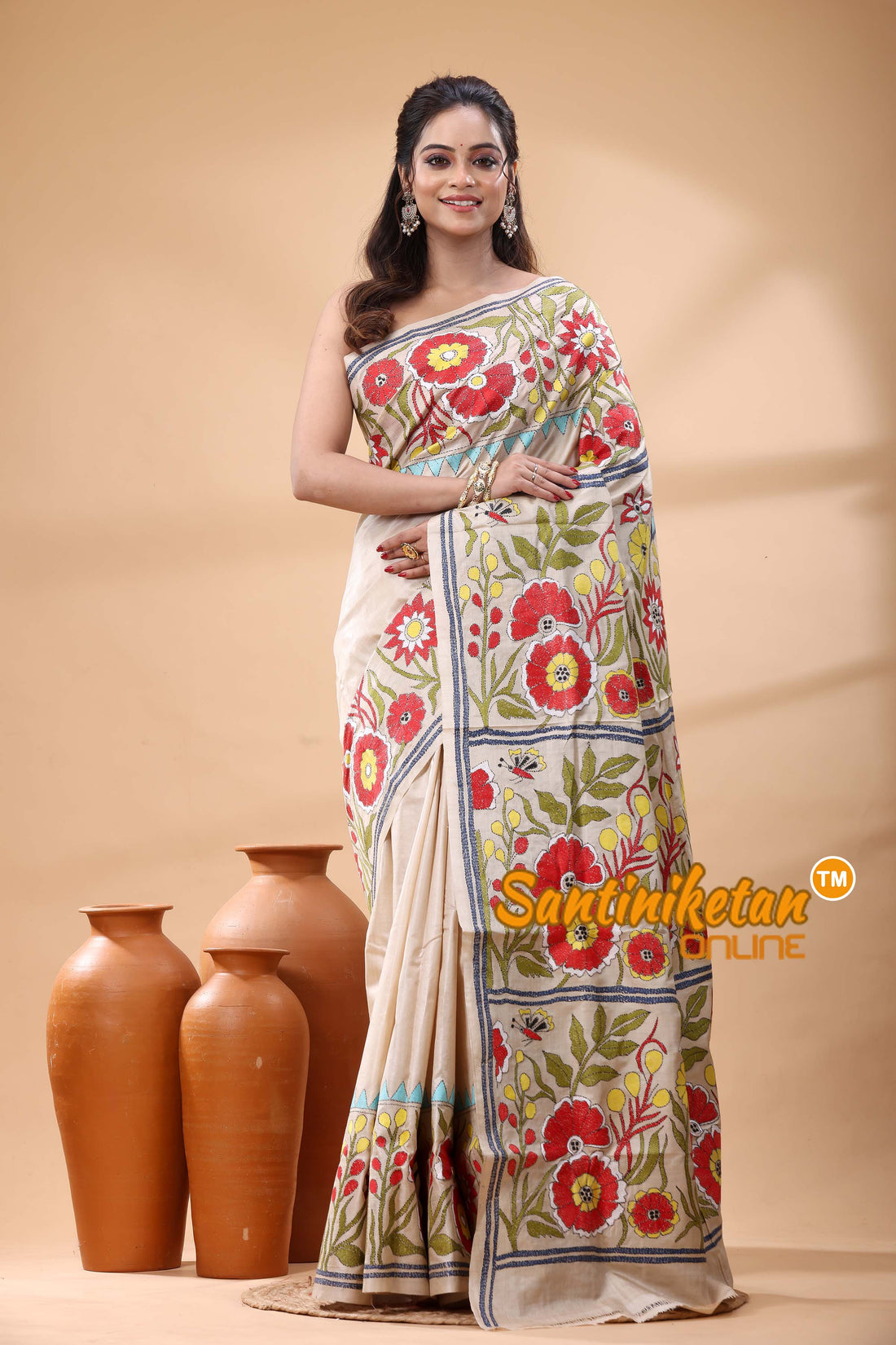 Pure Gachi Tussar Silk Kantha Stitch Saree