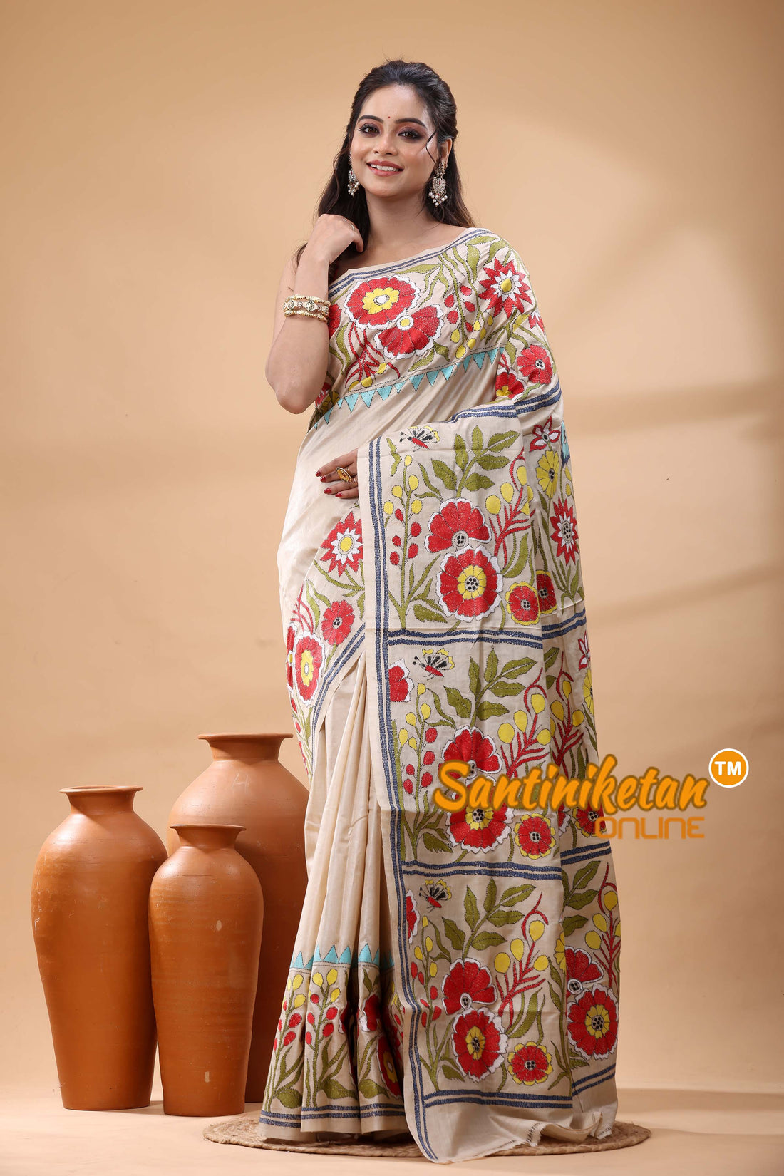 Pure Gachi Tussar Silk Kantha Stitch Saree