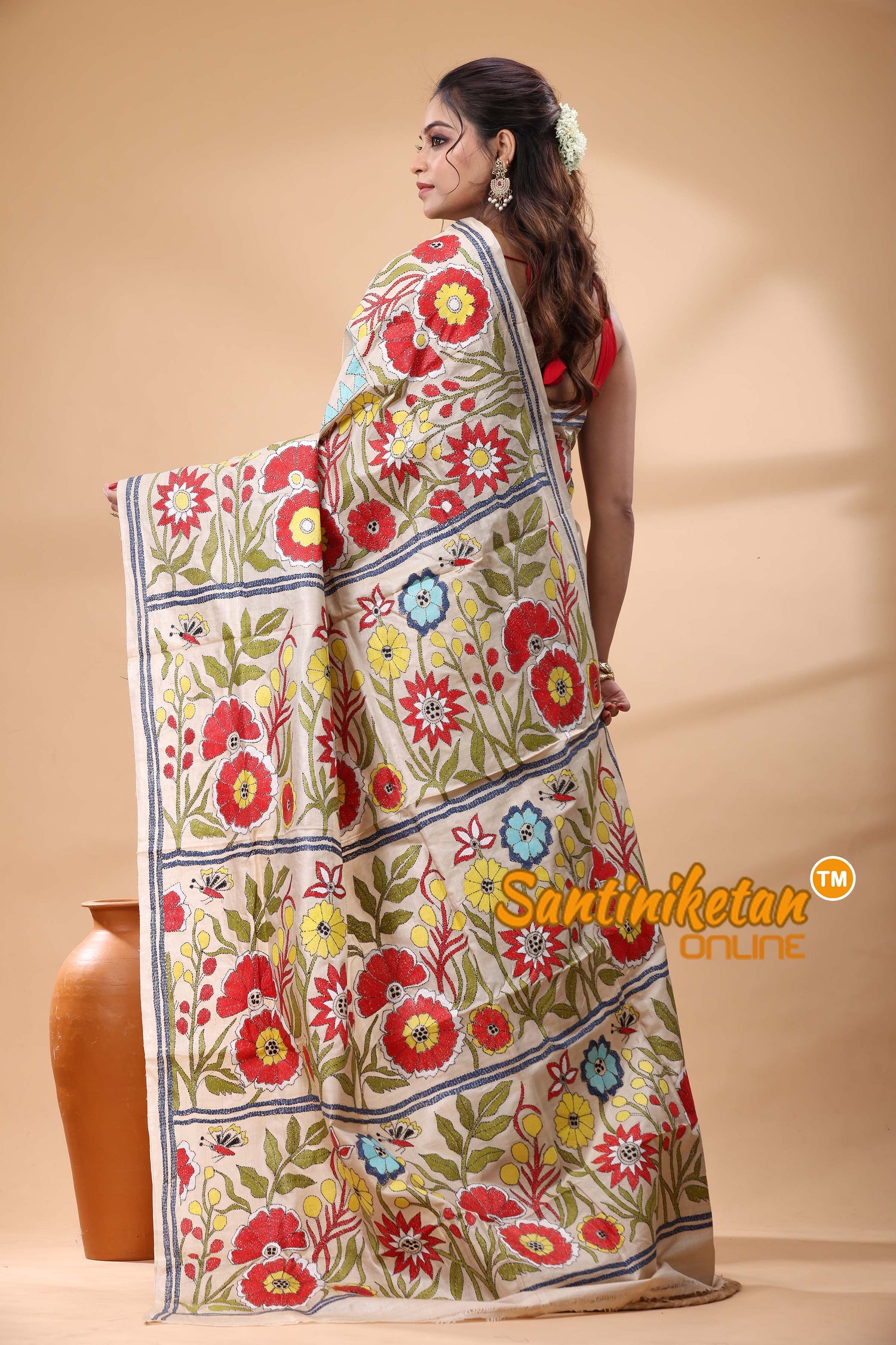 Pure Gachi Tussar Silk Kantha Stitch Saree