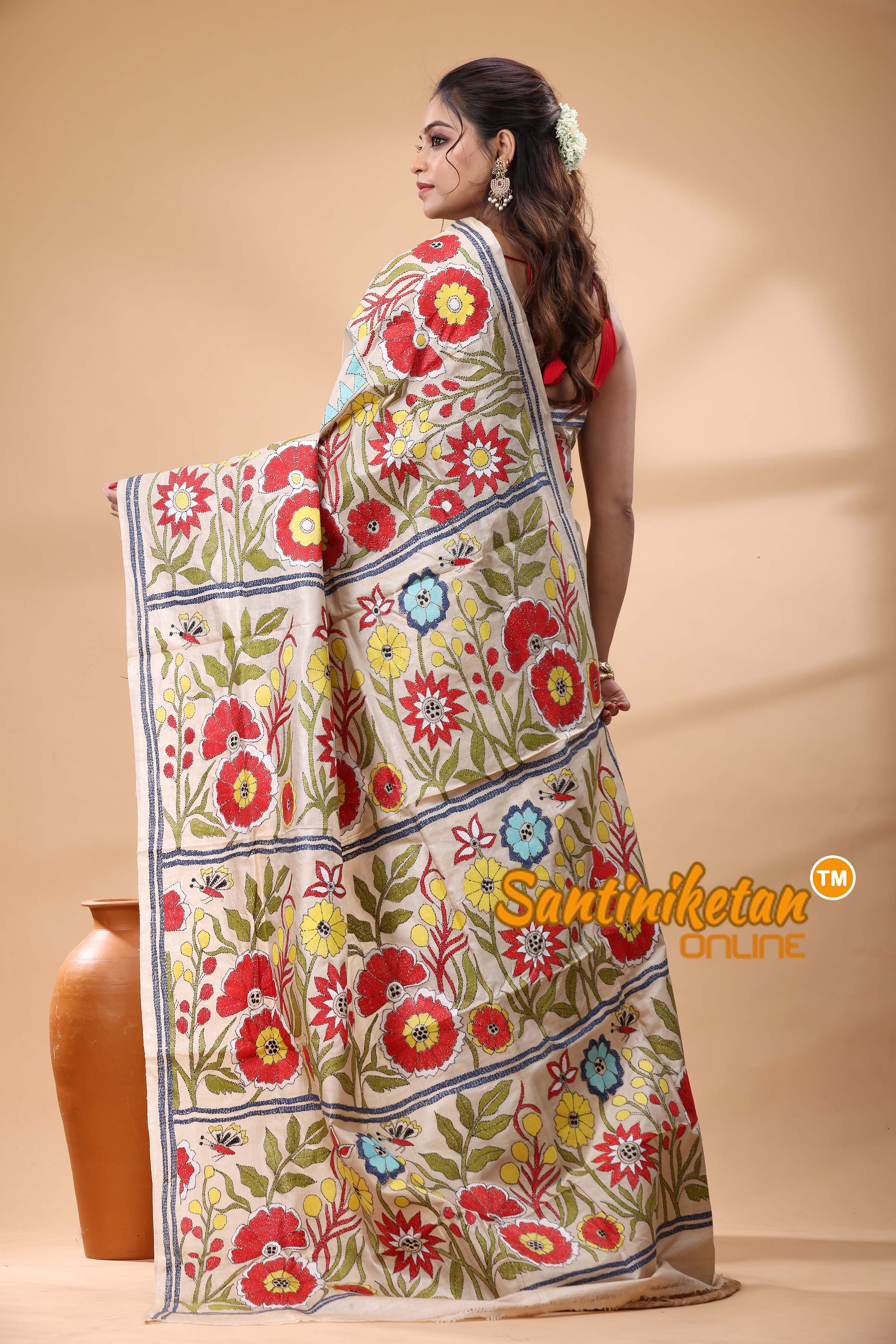 Pure Gachi Tussar Silk Kantha Stitch Saree