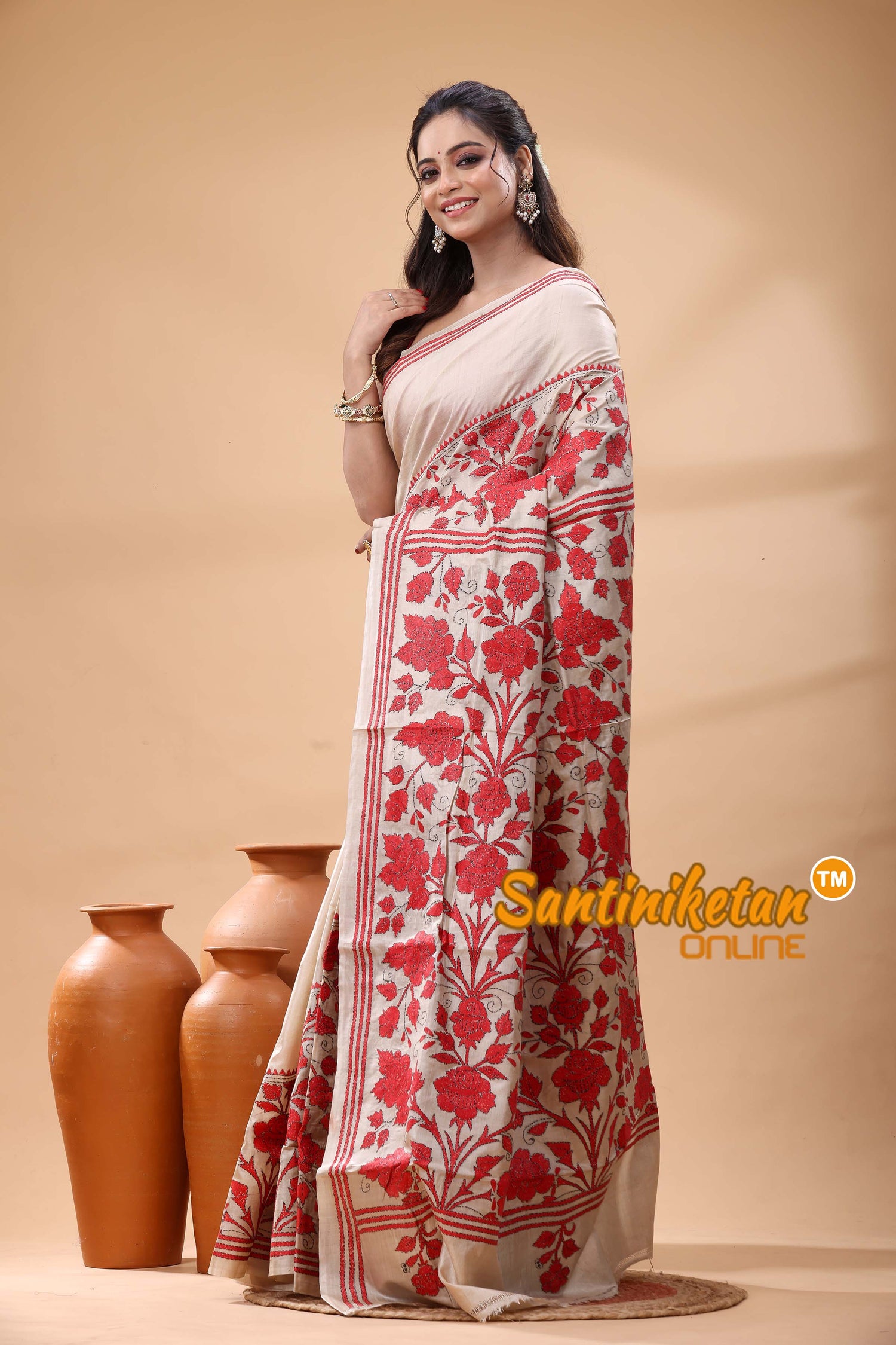 Pure Gachi Tussar Silk Kantha Stitch Saree