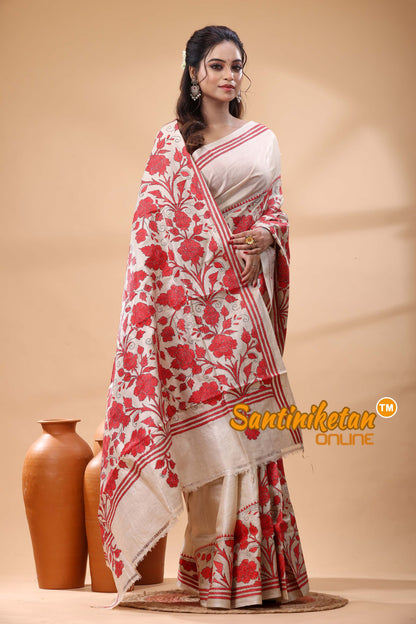 Pure Gachi Tussar Silk Kantha Stitch Saree