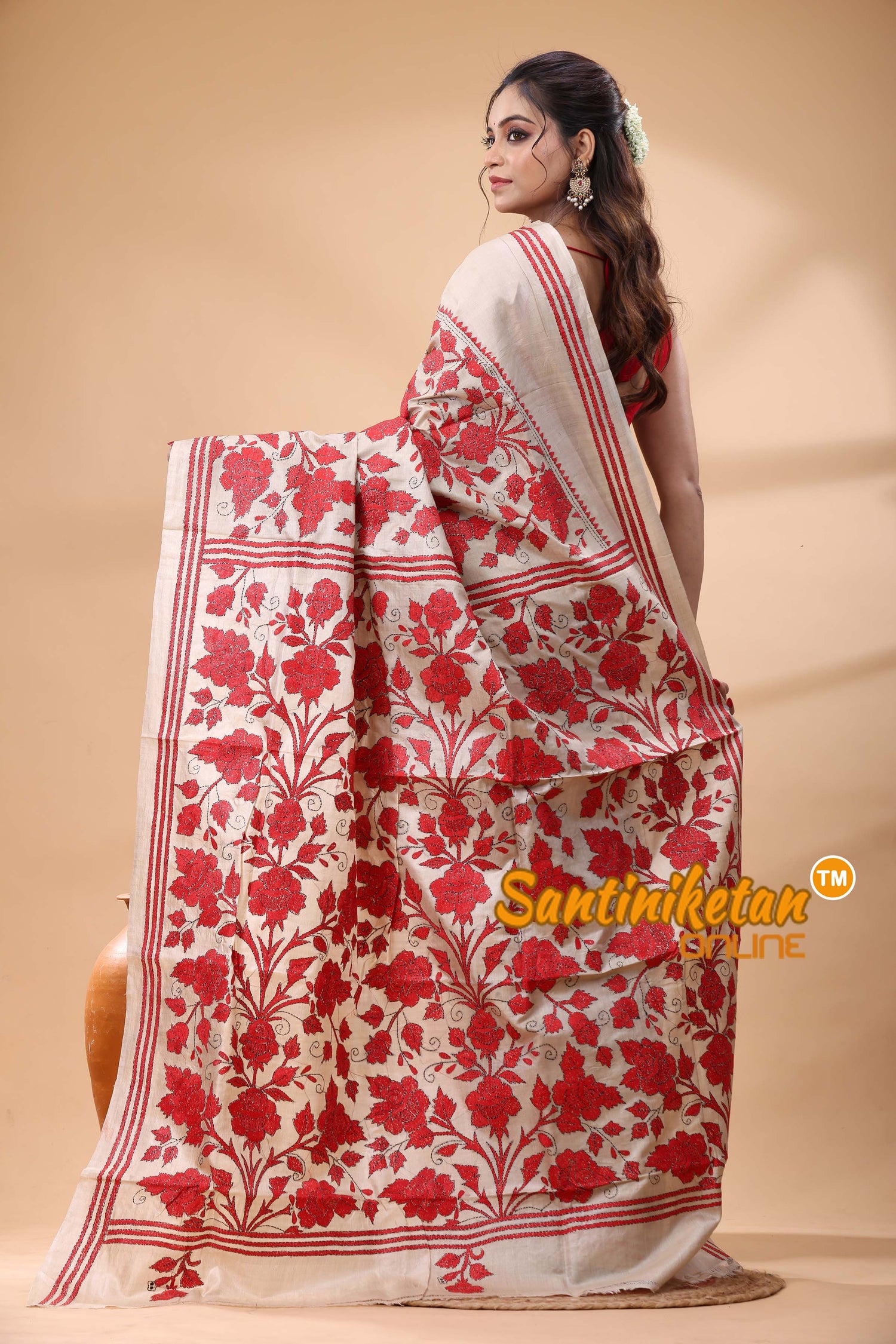 Pure Gachi Tussar Silk Kantha Stitch Saree