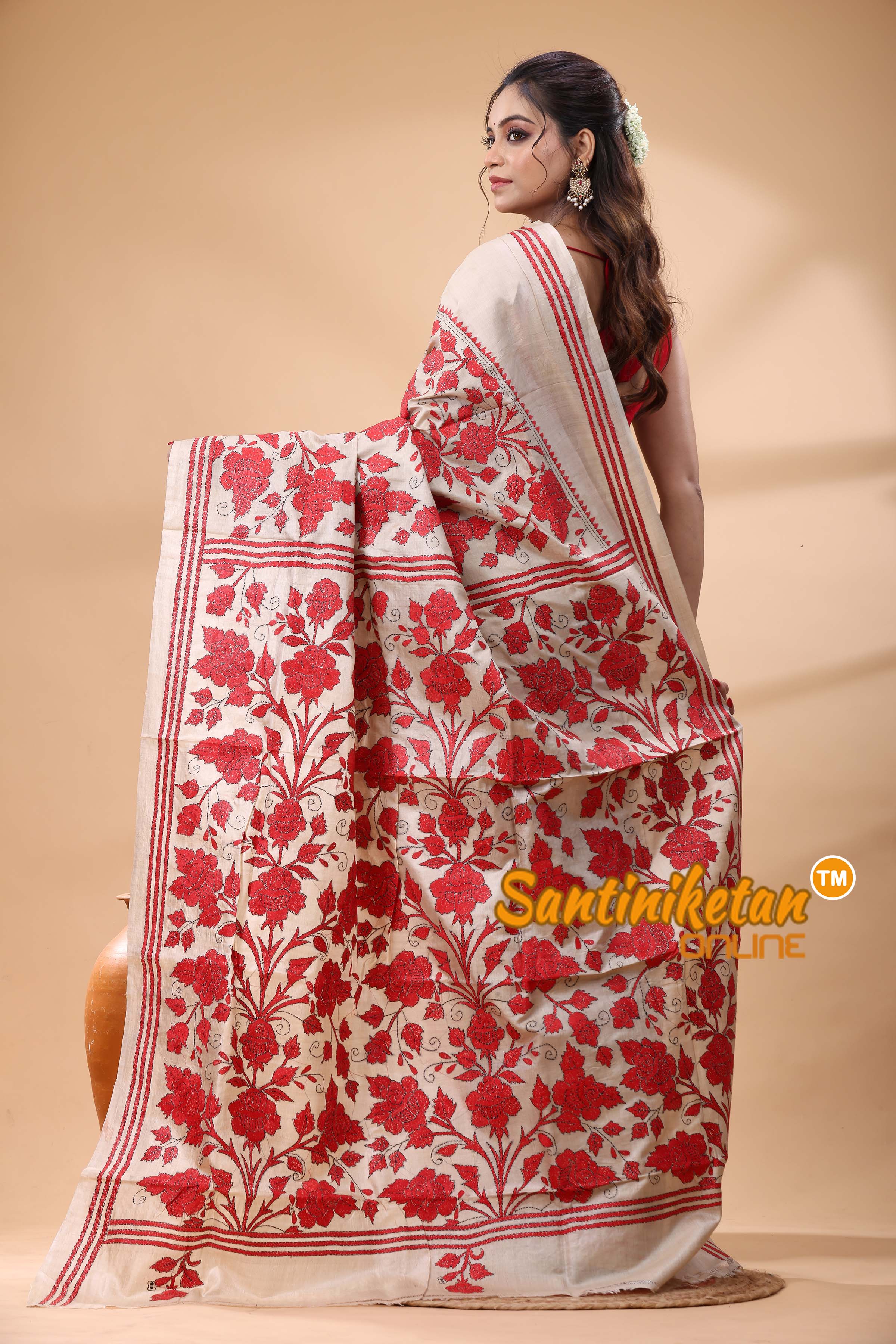 Pure Gachi Tussar Silk Kantha Stitch Saree