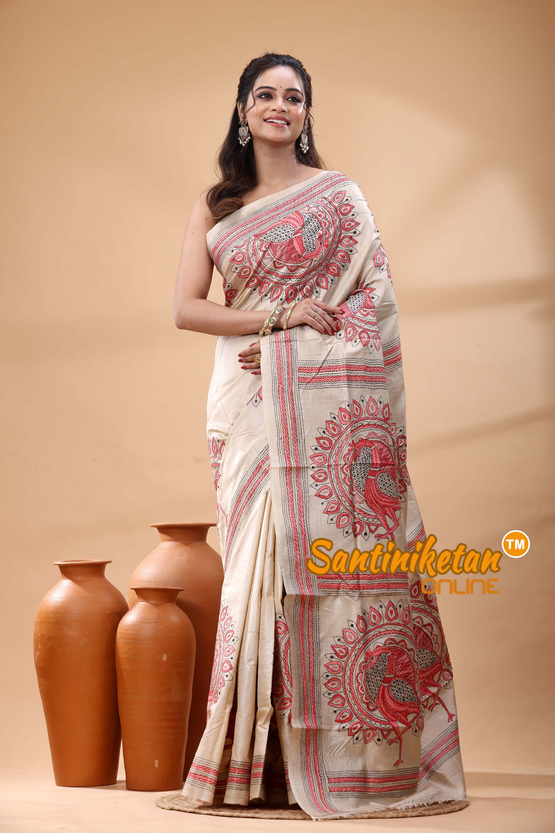 Pure Gachi Tussar Silk Kantha Stitch Saree