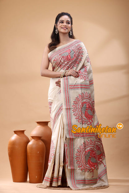Pure Gachi Tussar Silk Kantha Stitch Saree