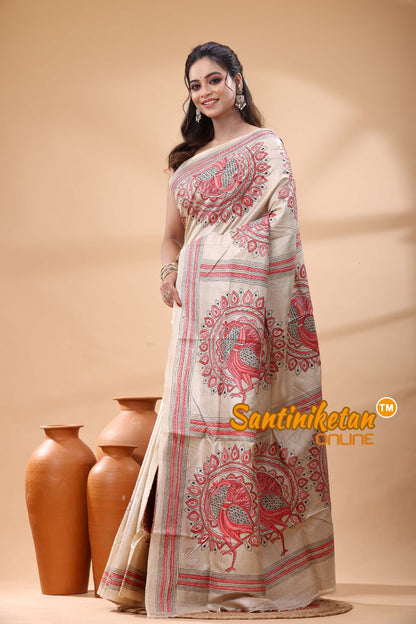 Pure Gachi Tussar Silk Kantha Stitch Saree