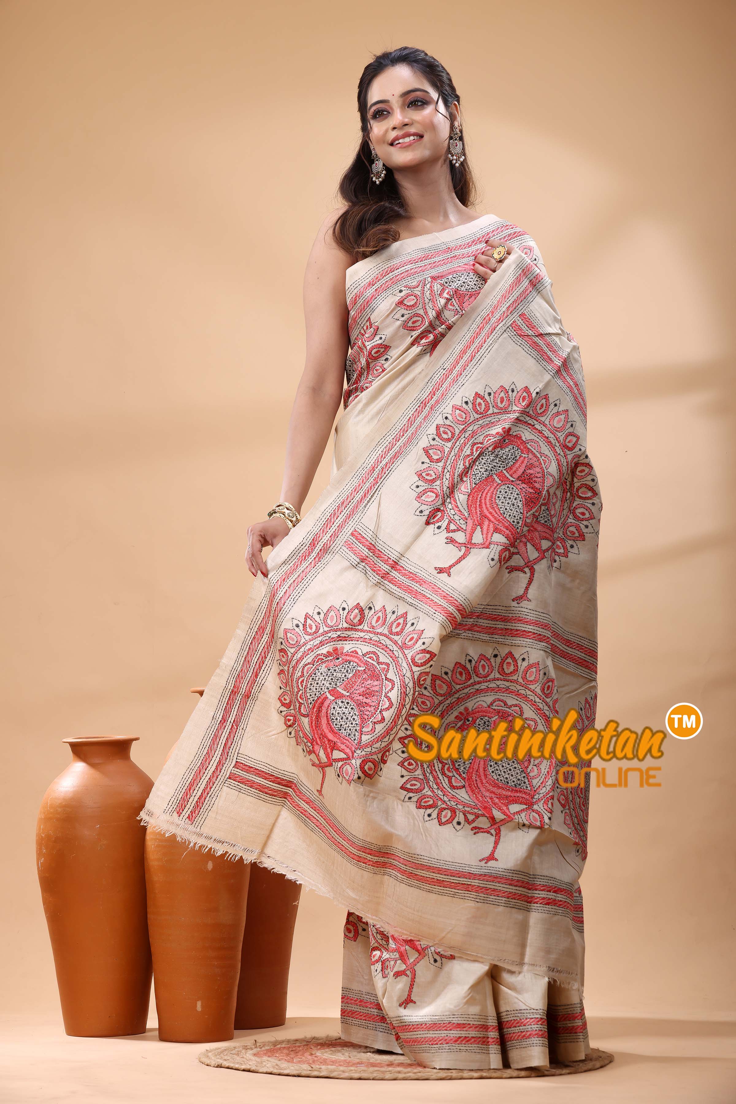 Pure Gachi Tussar Silk Kantha Stitch Saree