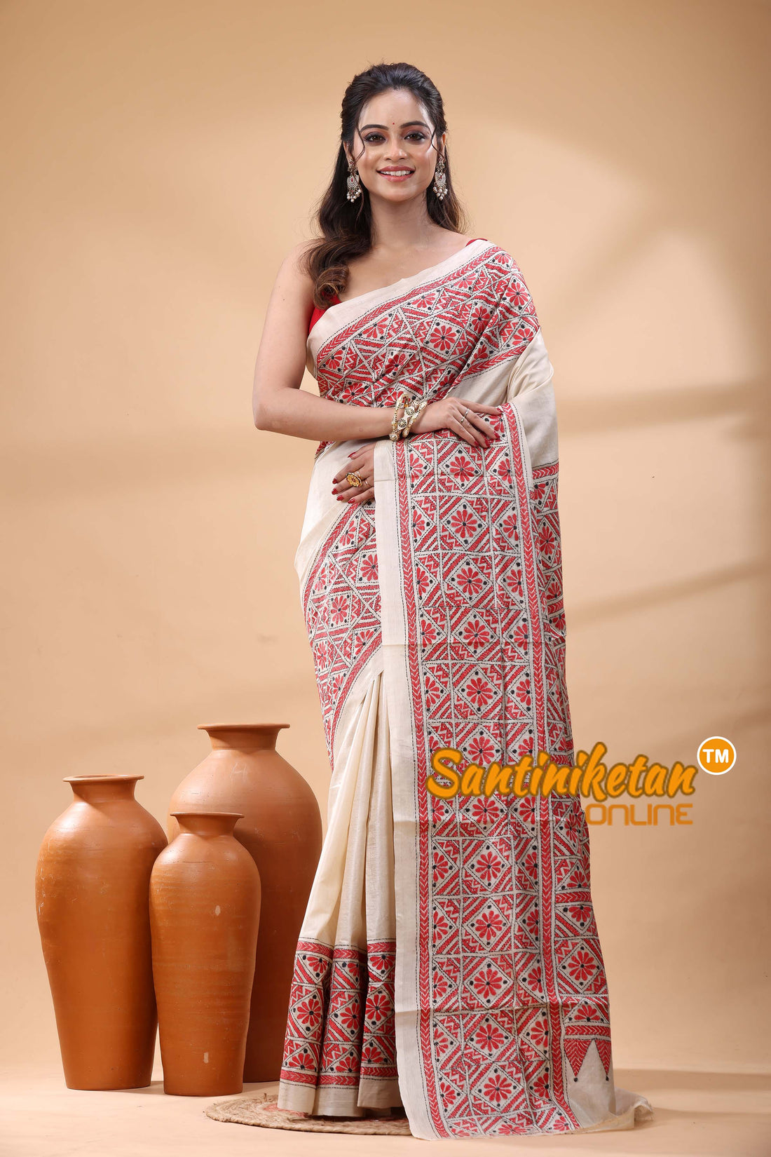 Pure Gachi Tussar Silk Kantha Stitch Saree