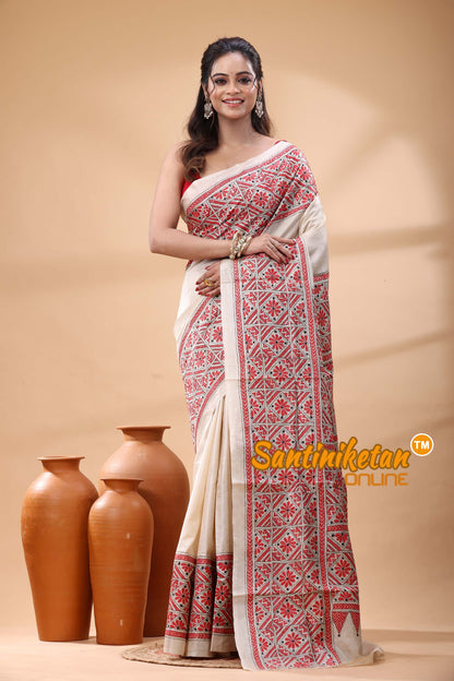 Pure Gachi Tussar Silk Kantha Stitch Saree