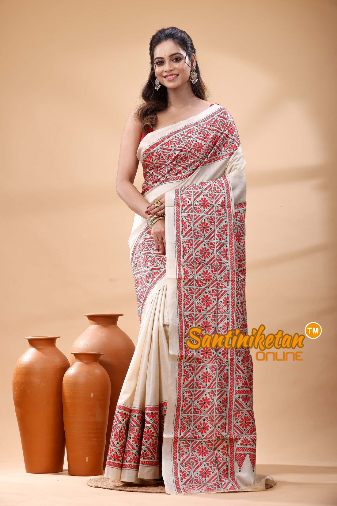 Pure Gachi Tussar Silk Kantha Stitch Saree