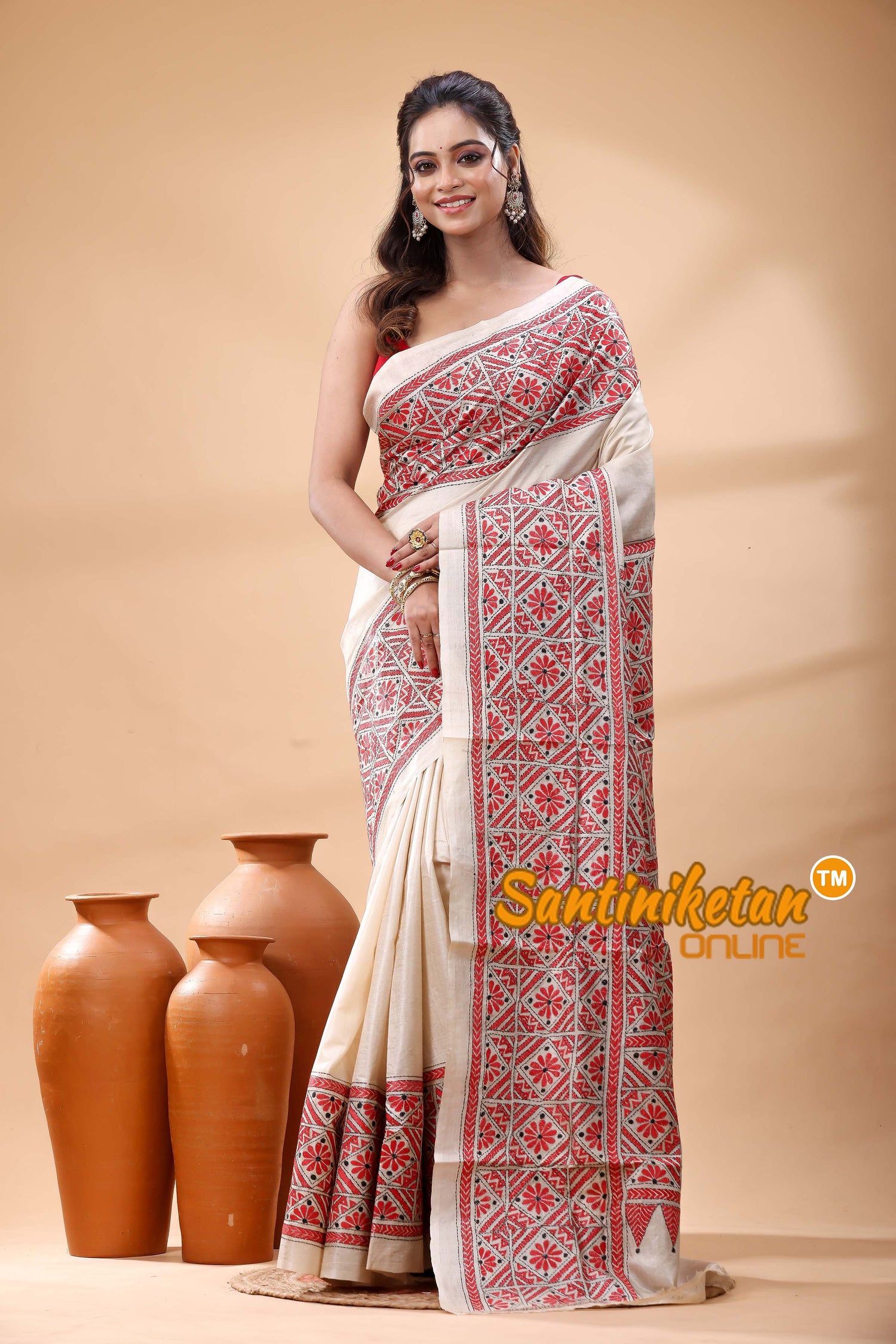 Pure Gachi Tussar Silk Kantha Stitch Saree