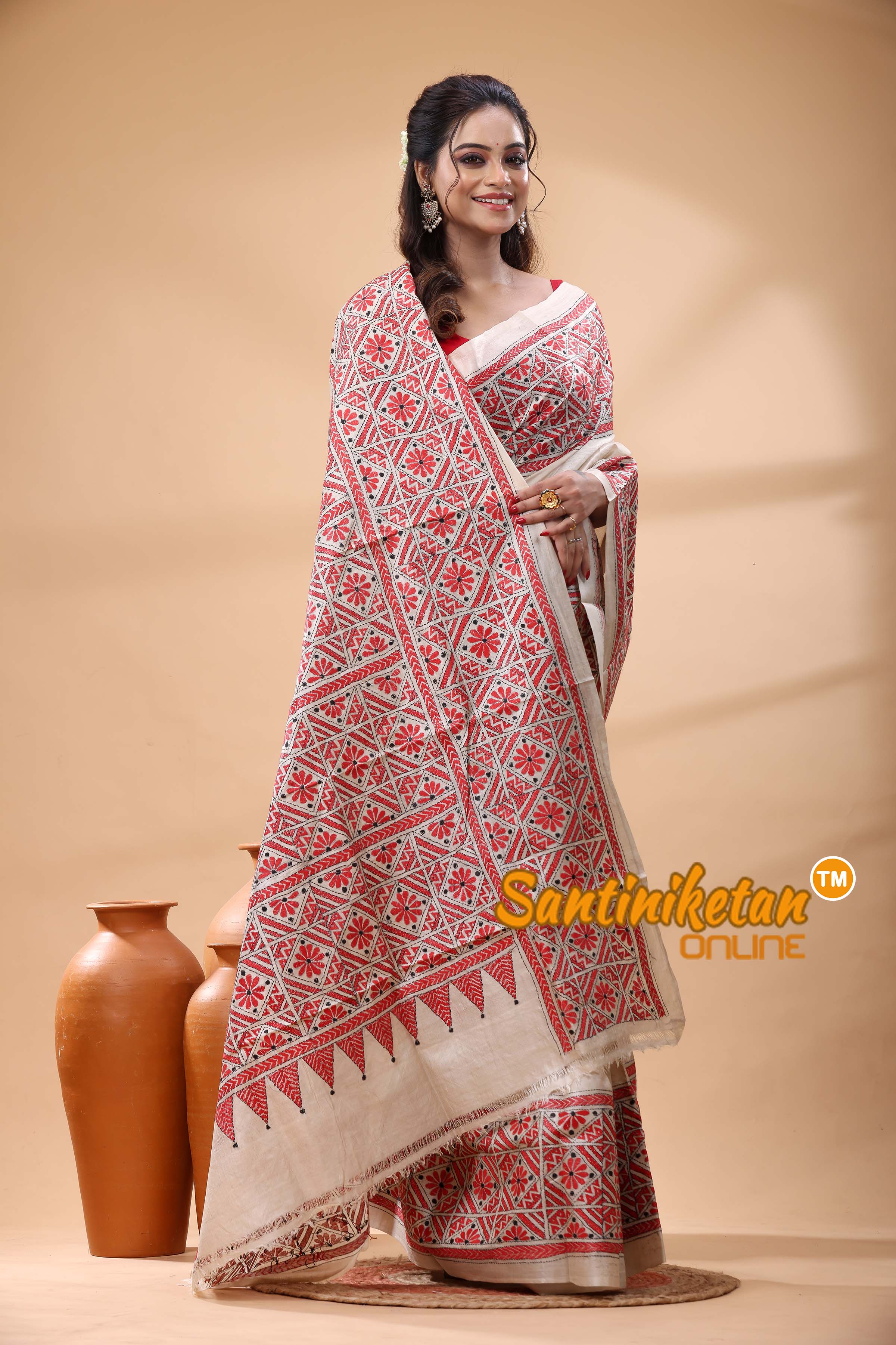 Pure Gachi Tussar Silk Kantha Stitch Saree