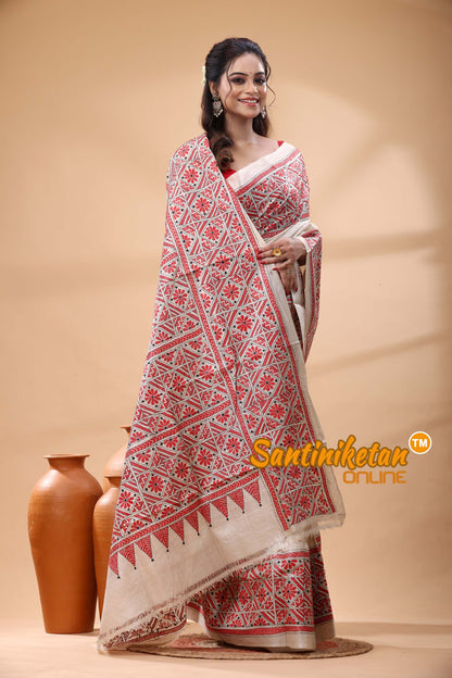 Pure Gachi Tussar Silk Kantha Stitch Saree
