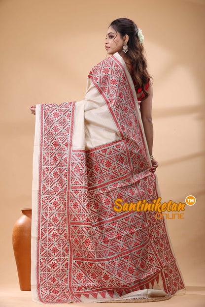 Pure Gachi Tussar Silk Kantha Stitch Saree