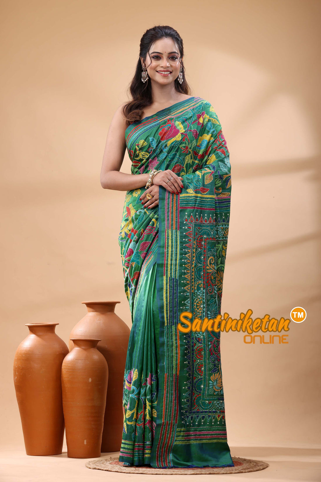 Bishnupuri (Katan) Silk Kantha Stitch Saree