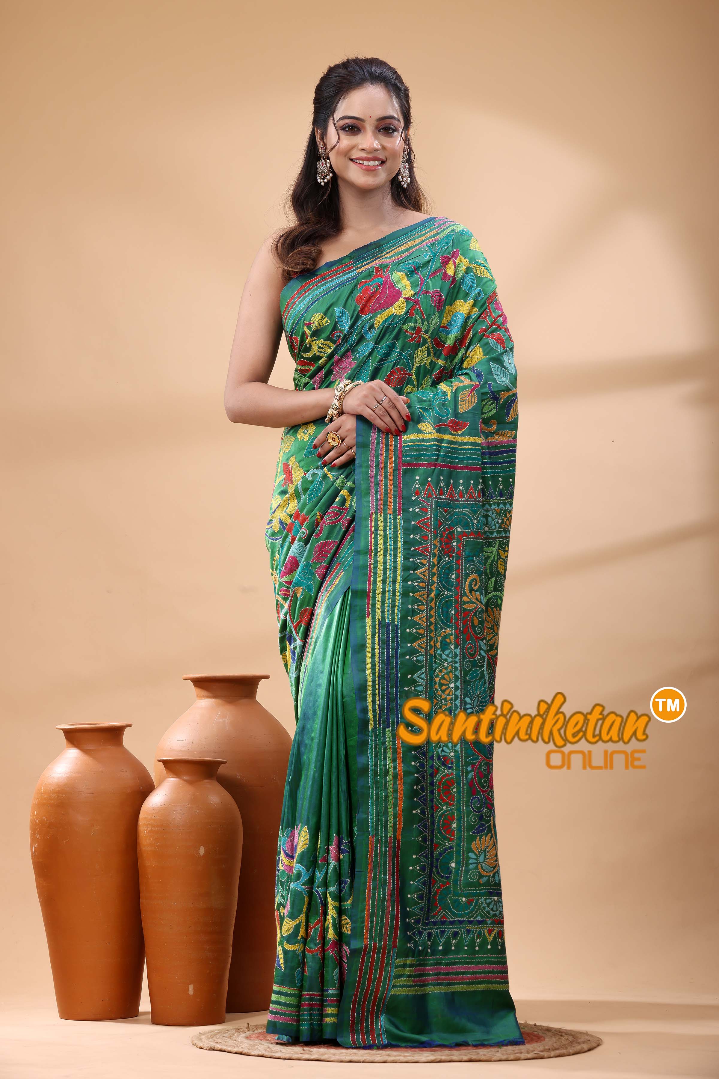 Bishnupuri (Katan) Silk Kantha Stitch Saree