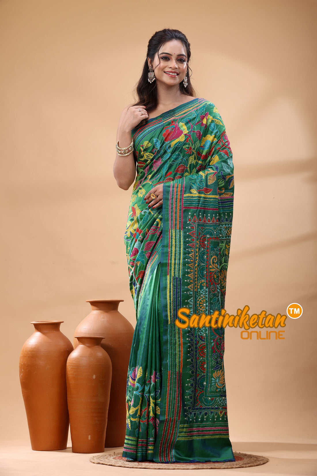 Bishnupuri (Katan) Silk Kantha Stitch Saree