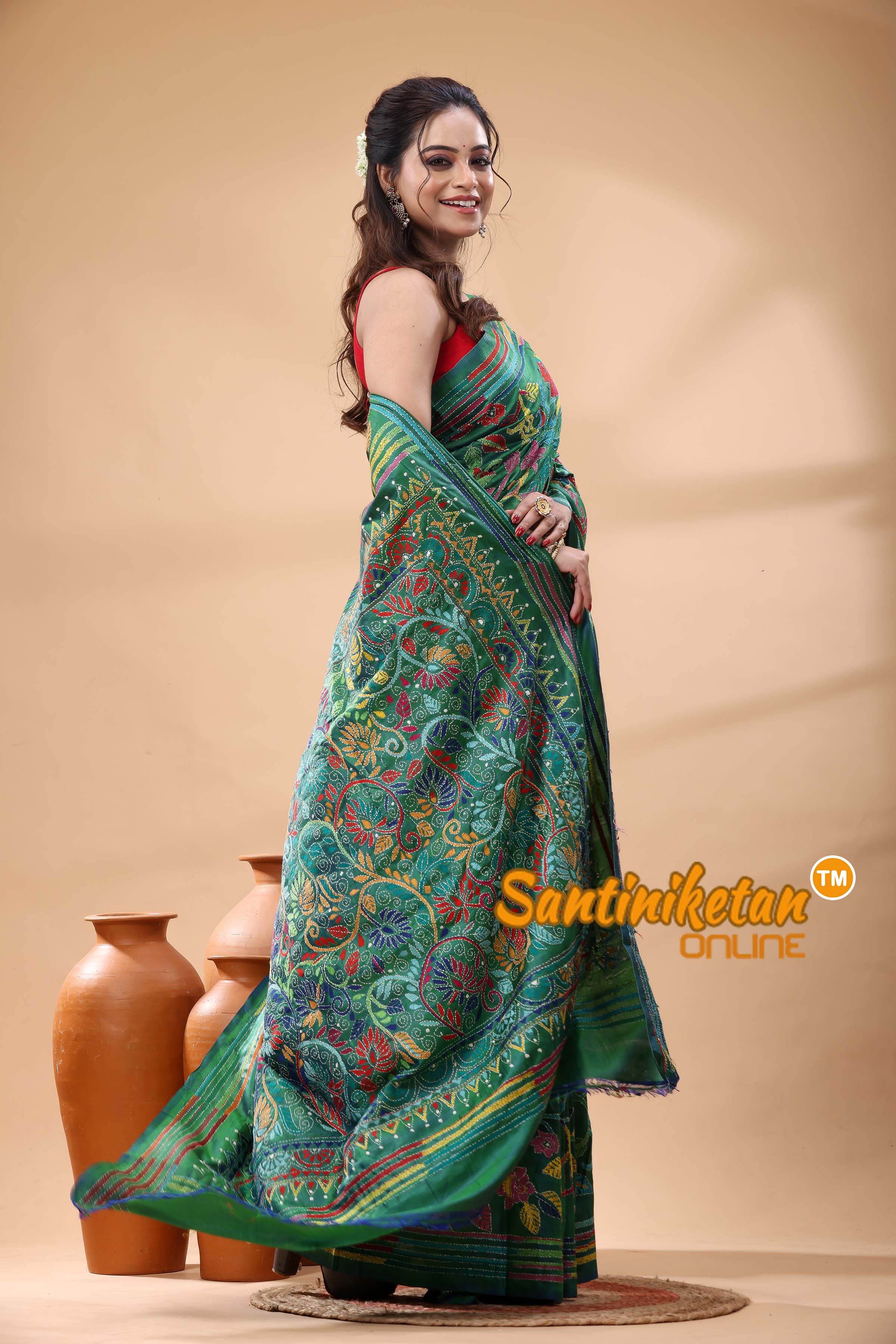 Bishnupuri (Katan) Silk Kantha Stitch Saree