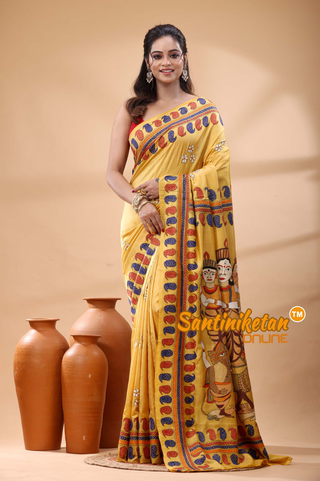 Bishnupuri (Katan) Silk Maa Durga Motif Kantha Stitch Saree