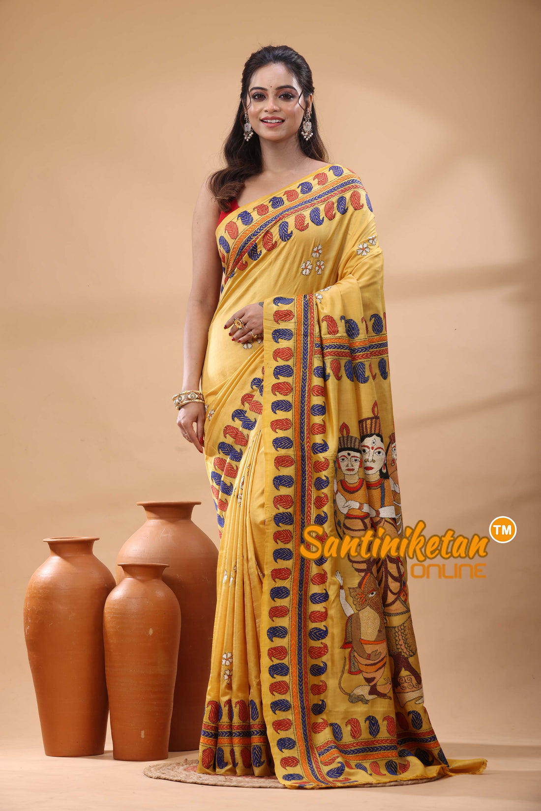 Bishnupuri (Katan) Silk Maa Durga Motif Kantha Stitch Saree