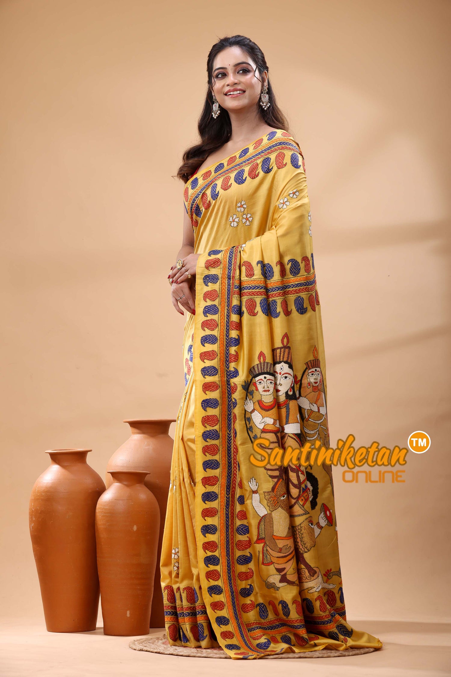 Bishnupuri (Katan) Silk Maa Durga Motif Kantha Stitch Saree