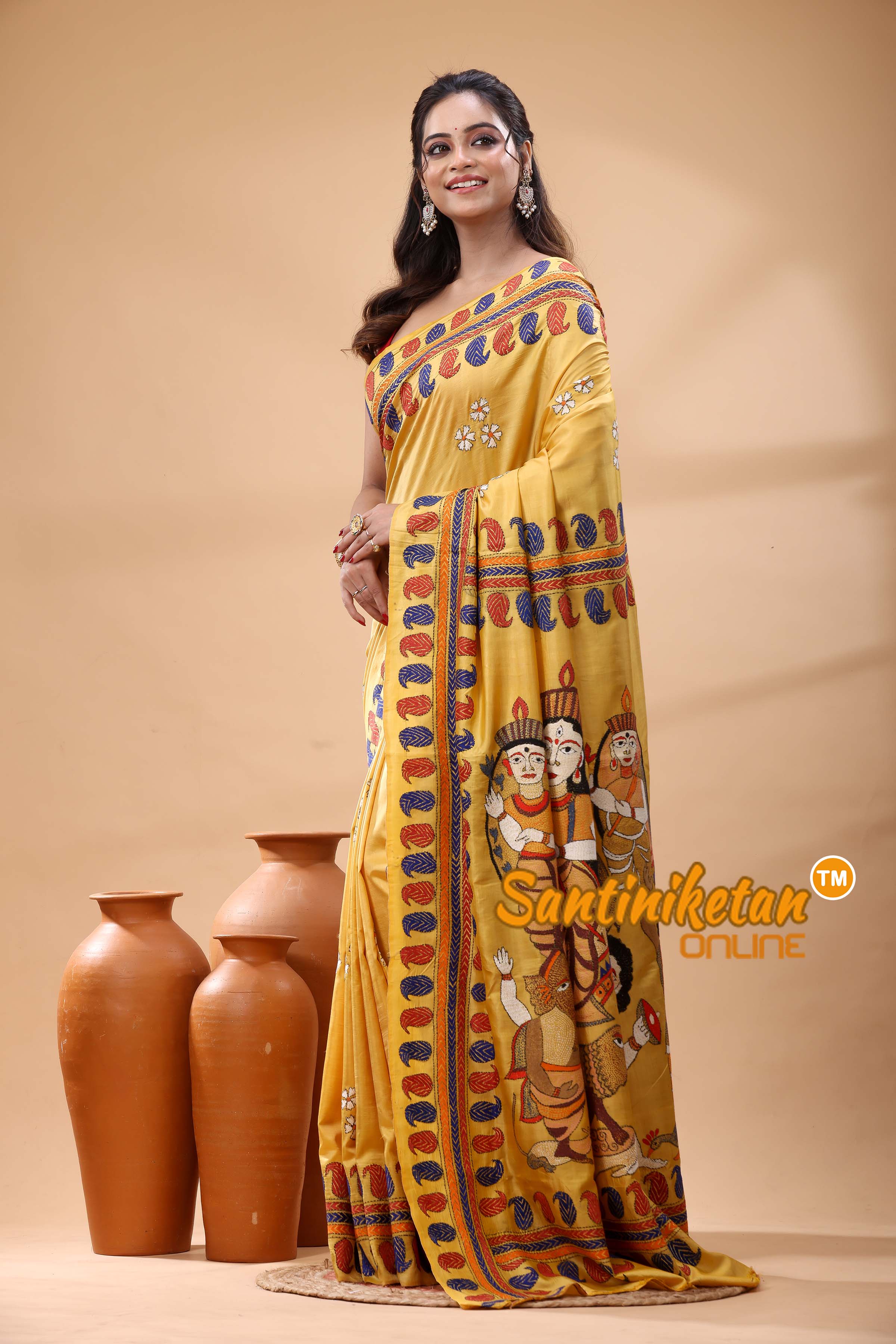 Bishnupuri (Katan) Silk Maa Durga Motif Kantha Stitch Saree