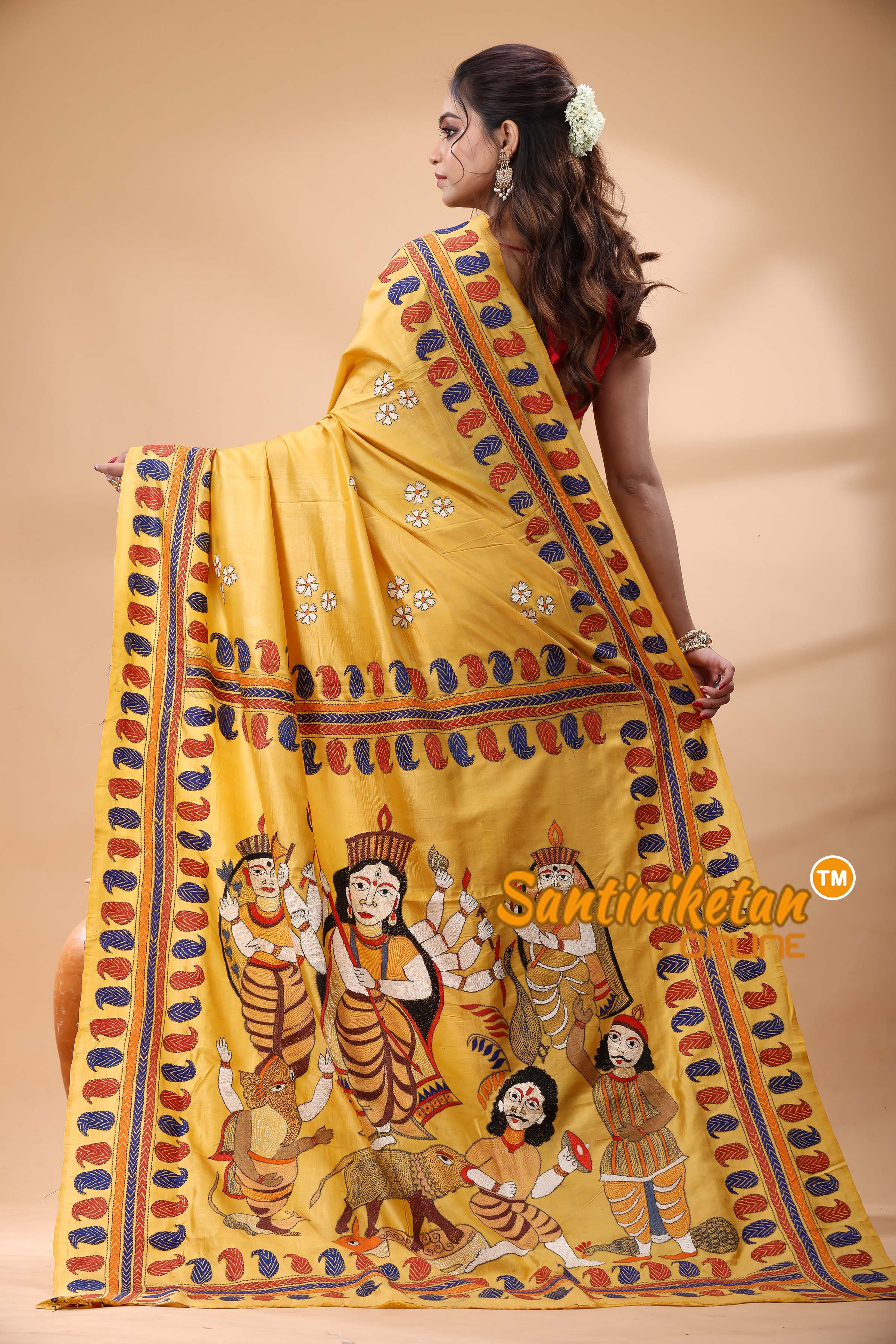 Bishnupuri (Katan) Silk Maa Durga Motif Kantha Stitch Saree
