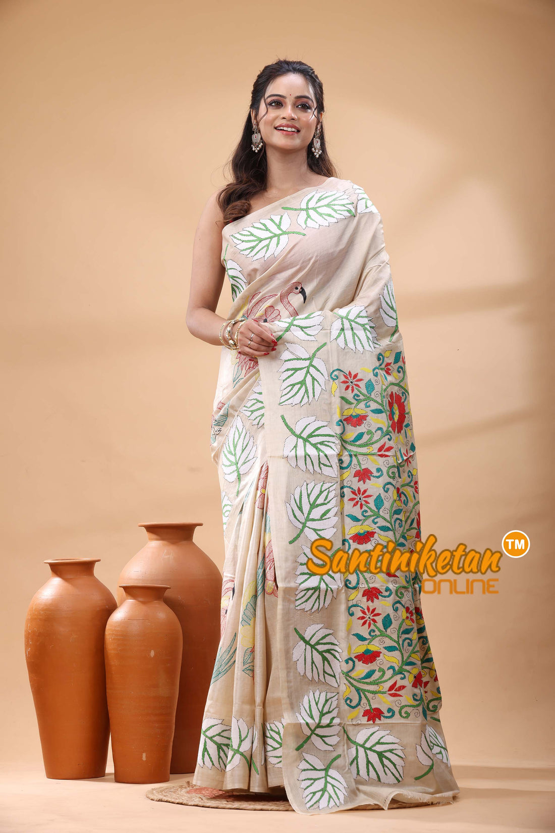 Pure Gachi Tussar Silk Kantha Stitch Saree