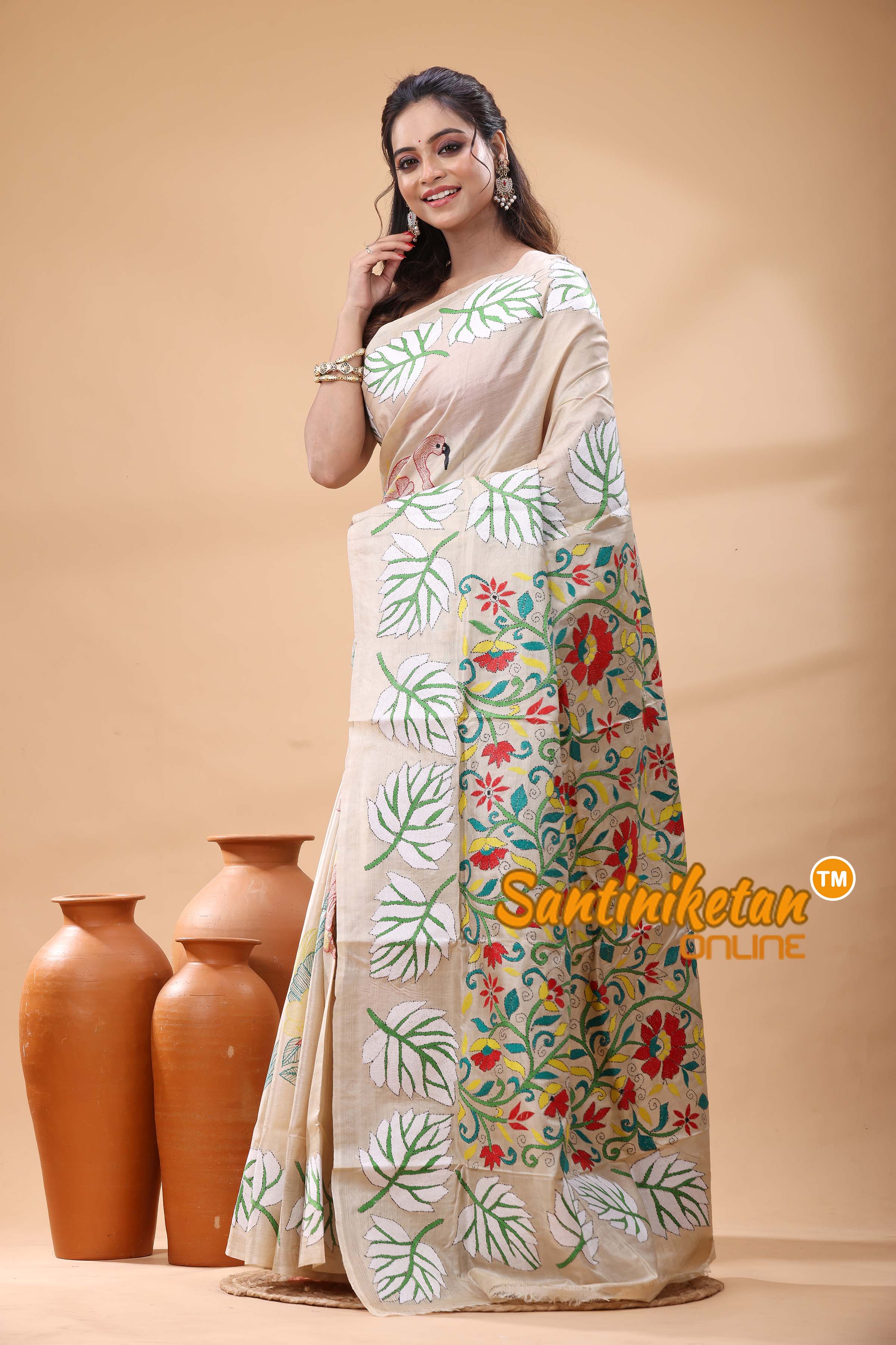 Pure Gachi Tussar Silk Kantha Stitch Saree