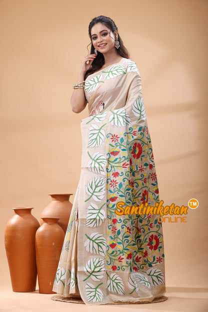 Pure Gachi Tussar Silk Kantha Stitch Saree