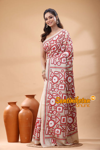 Pure Gachi Tussar Silk Kantha Stitch Saree
