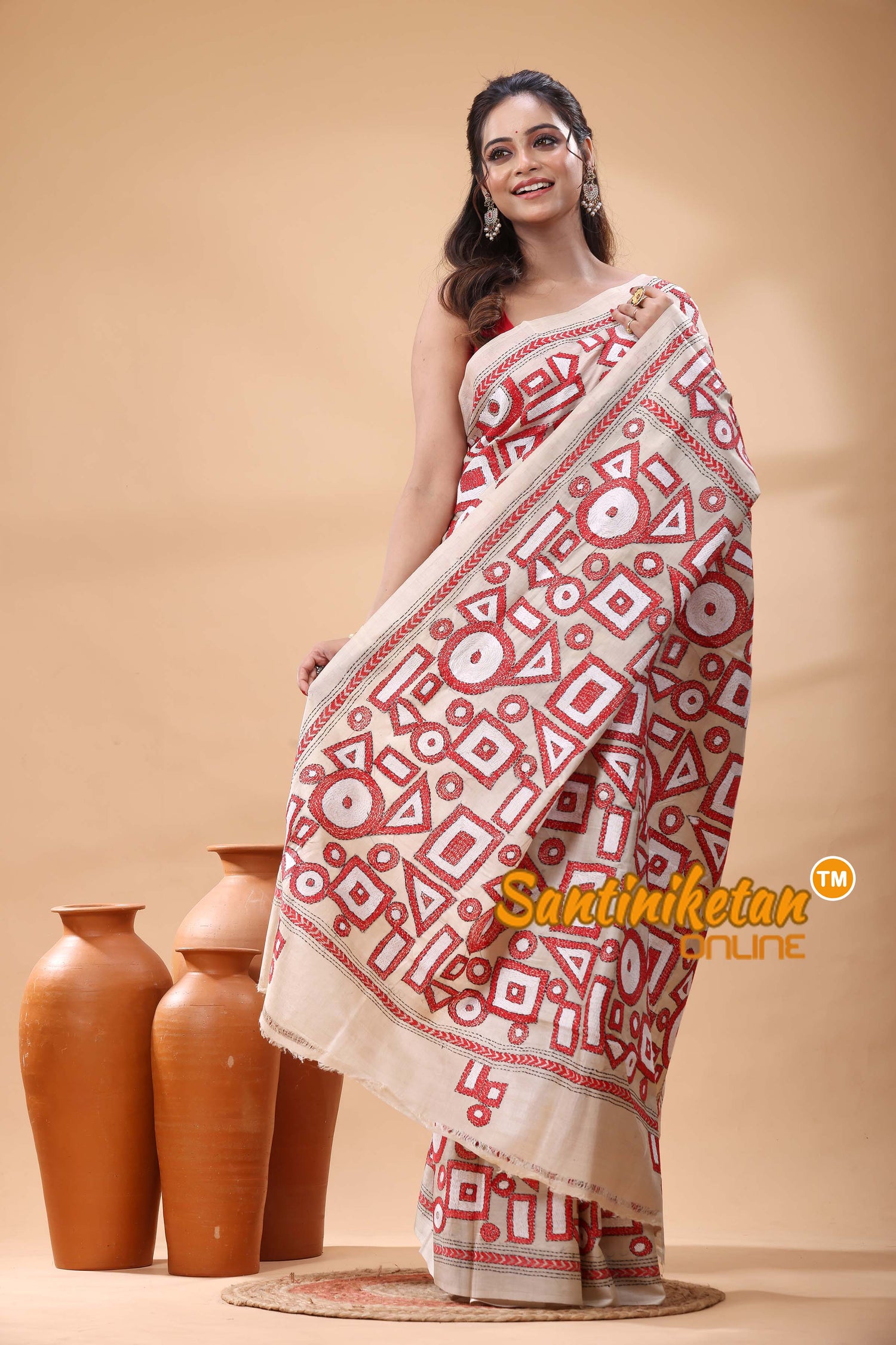 Pure Gachi Tussar Silk Kantha Stitch Saree