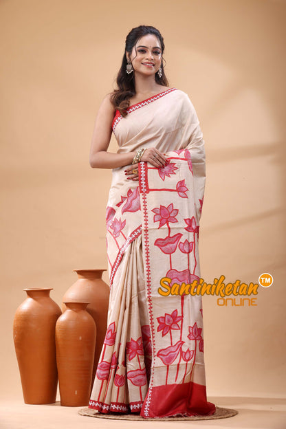 Pure Gachi Tussar Silk Kantha Stitch Saree
