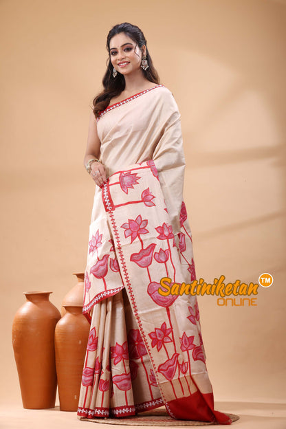 Pure Gachi Tussar Silk Kantha Stitch Saree
