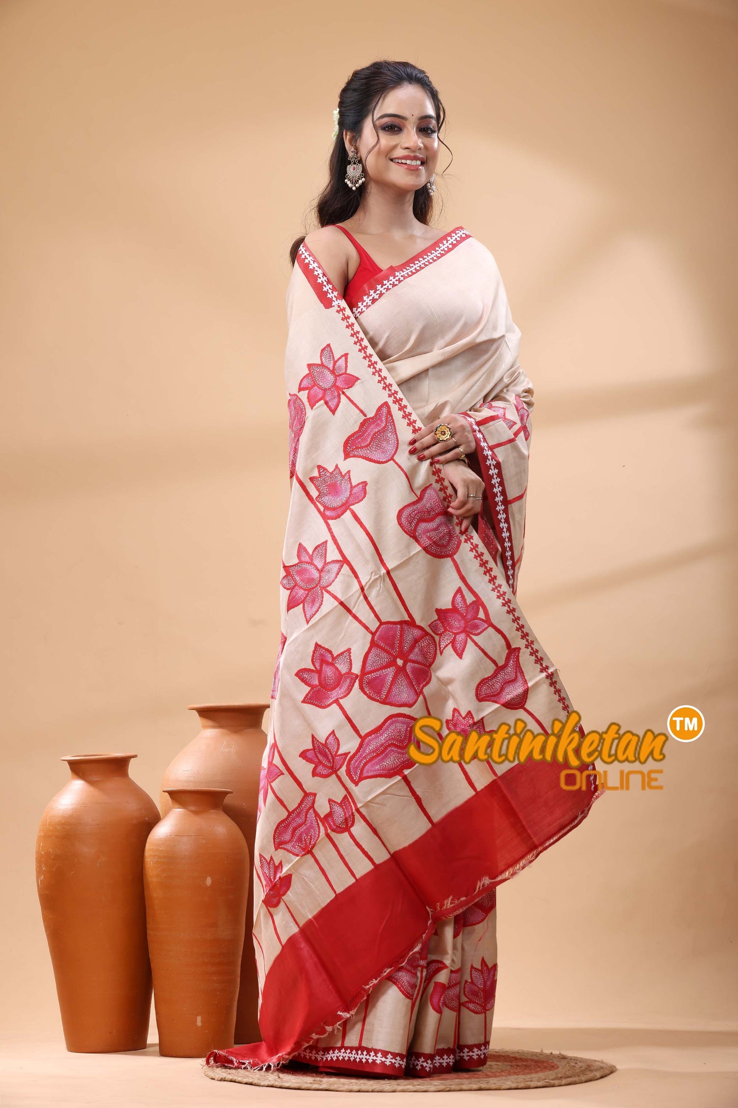 Pure Gachi Tussar Silk Kantha Stitch Saree