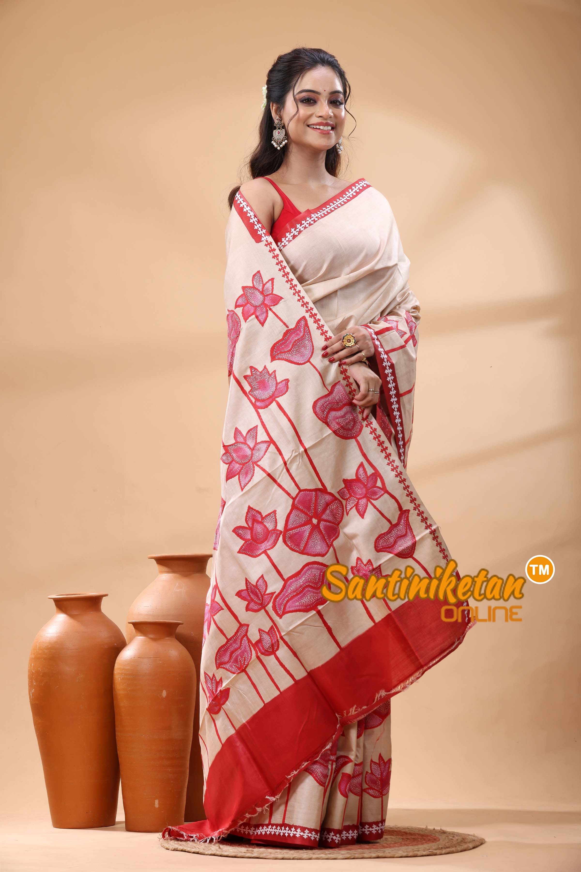 Pure Gachi Tussar Silk Kantha Stitch Saree