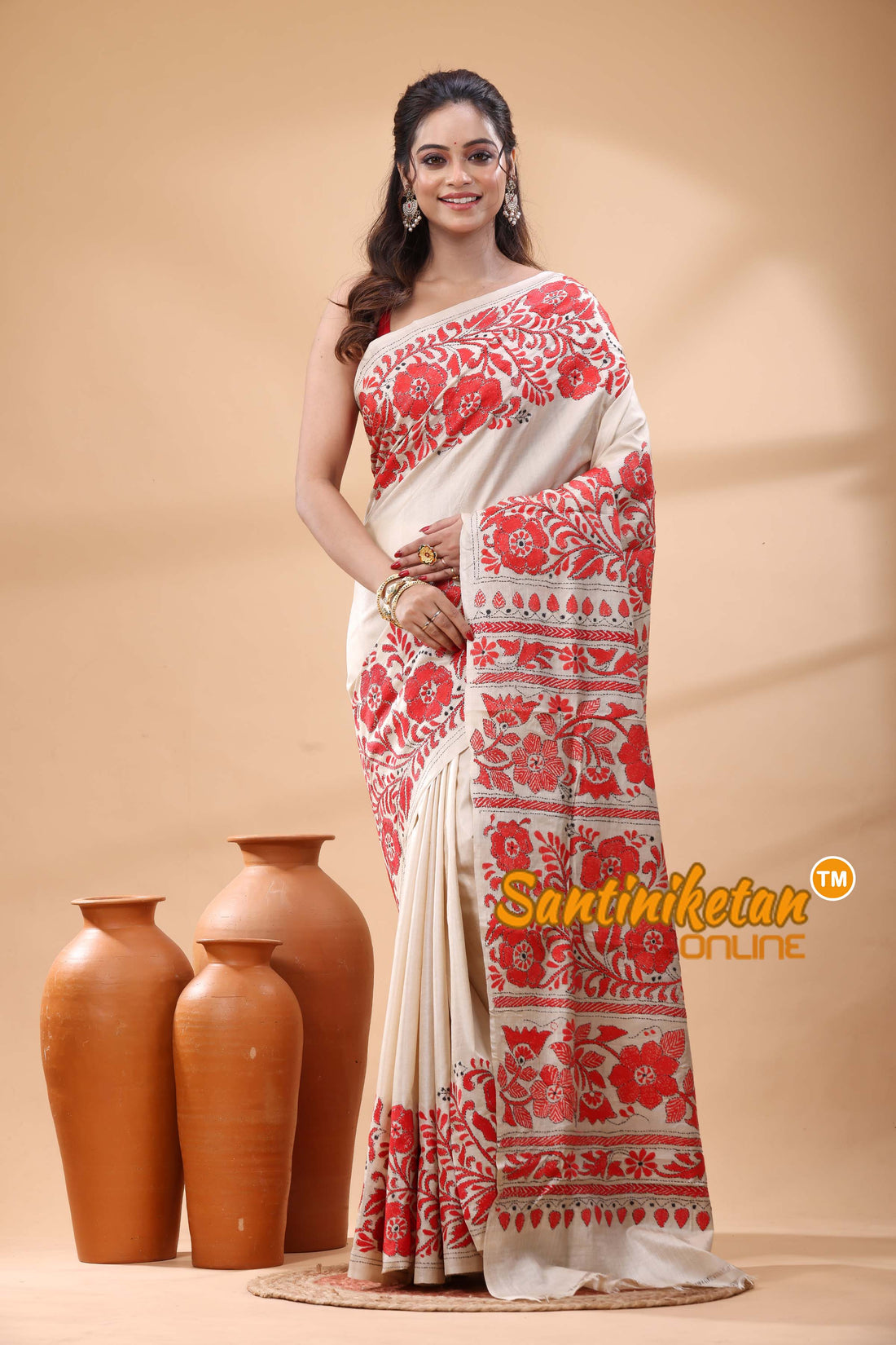 Pure Gachi Tussar Silk Kantha Stitch Saree