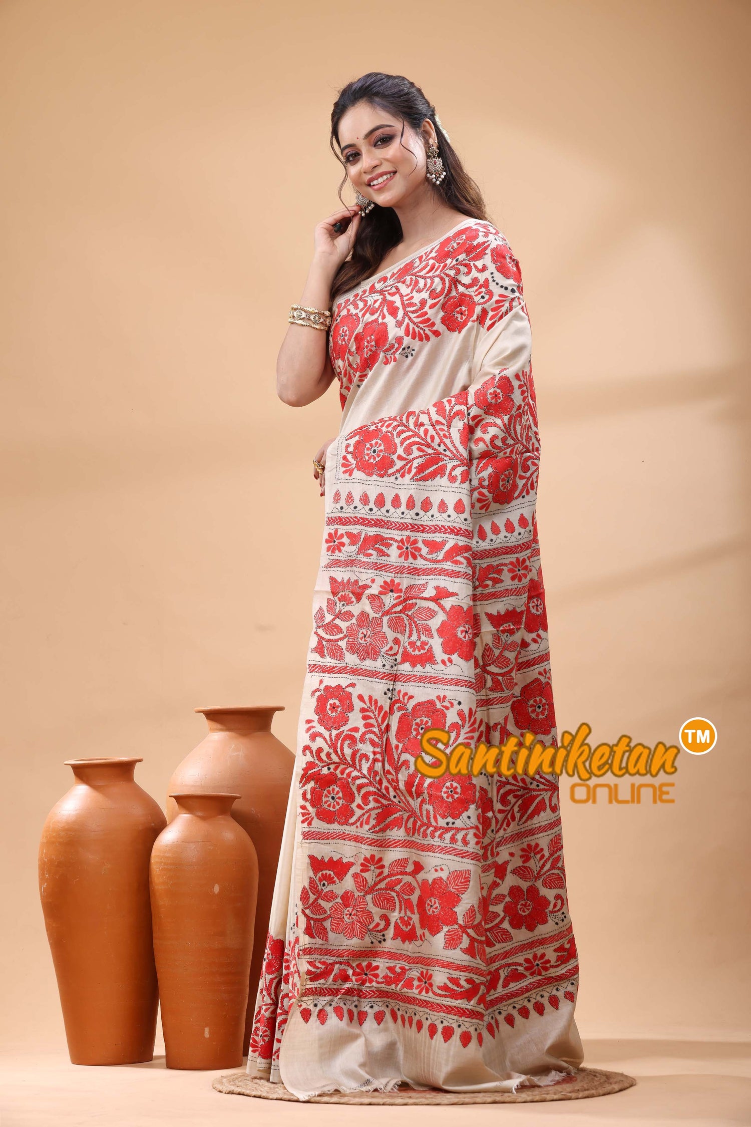 Pure Gachi Tussar Silk Kantha Stitch Saree
