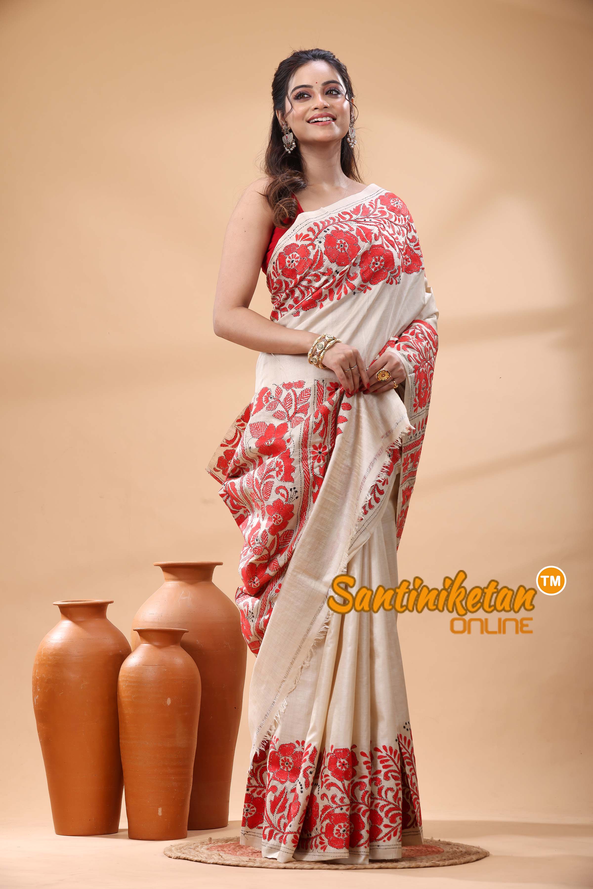 Pure Gachi Tussar Silk Kantha Stitch Saree