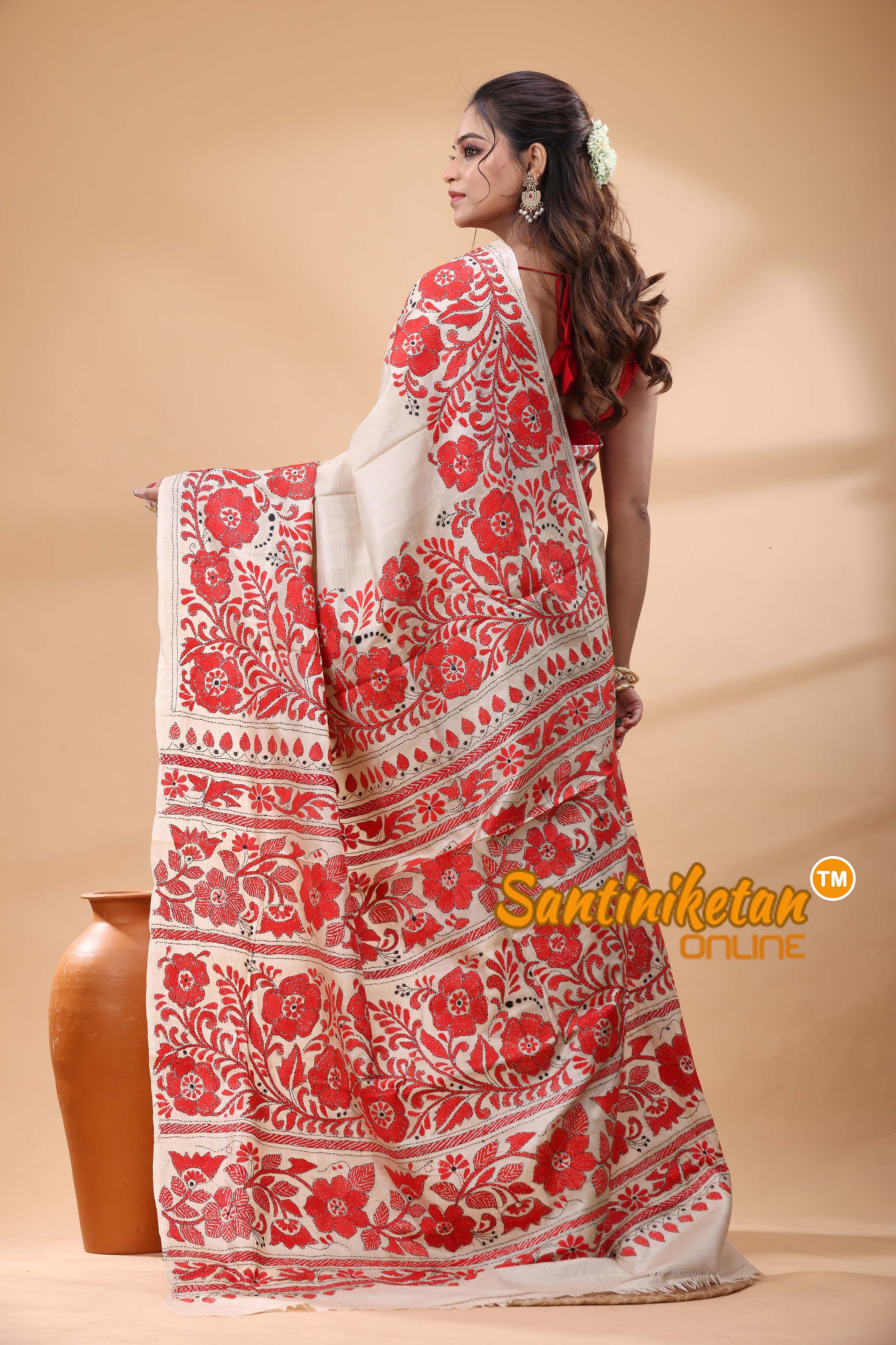 Pure Gachi Tussar Silk Kantha Stitch Saree
