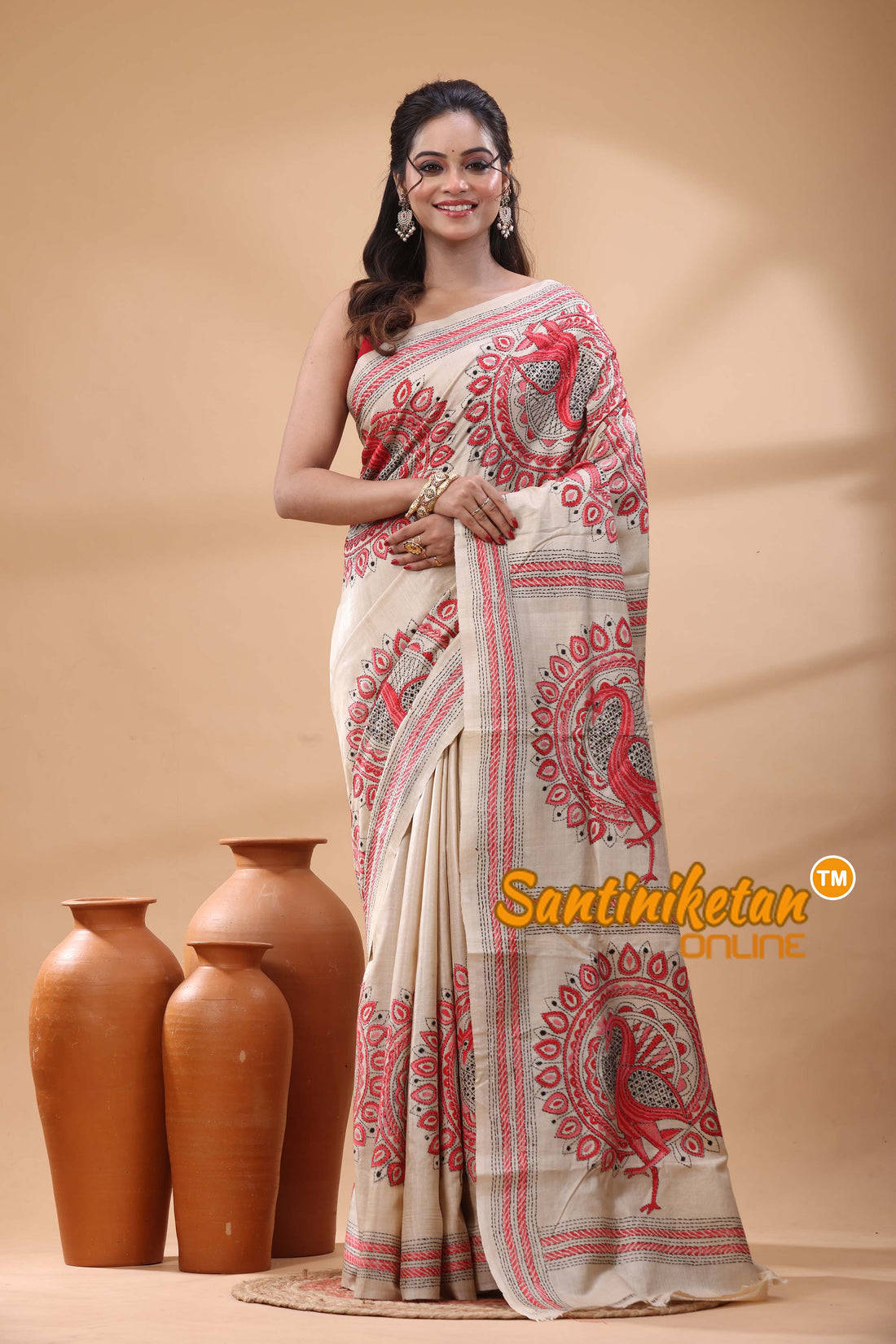 Pure Gachi Tussar Silk Kantha Stitch Saree