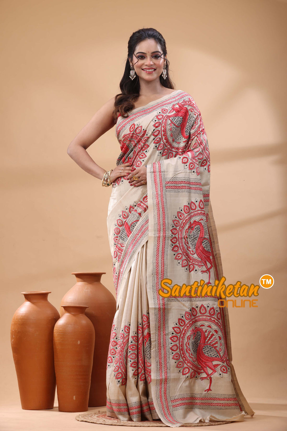 Pure Gachi Tussar Silk Kantha Stitch Saree